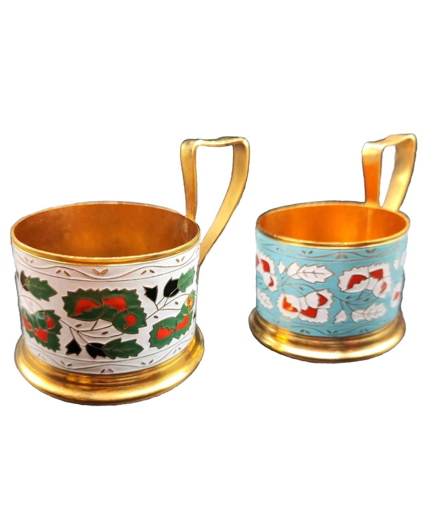 Deux porte-tasse en laiton enrichis émail d'origine USSS