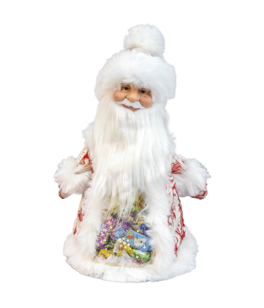 Santa Claus in red with white and gold ornament with compartment for sweets and gifts, 35 cm