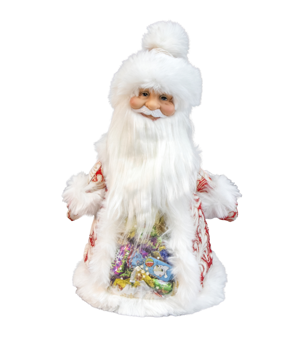 Santa Claus in red with white and gold ornament with compartment for sweets and gifts, 35 cm